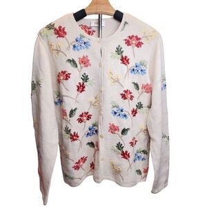 VTG Talbots Petites Beige Floral Embroidered Cardigan Cottagecore Sweater Size M